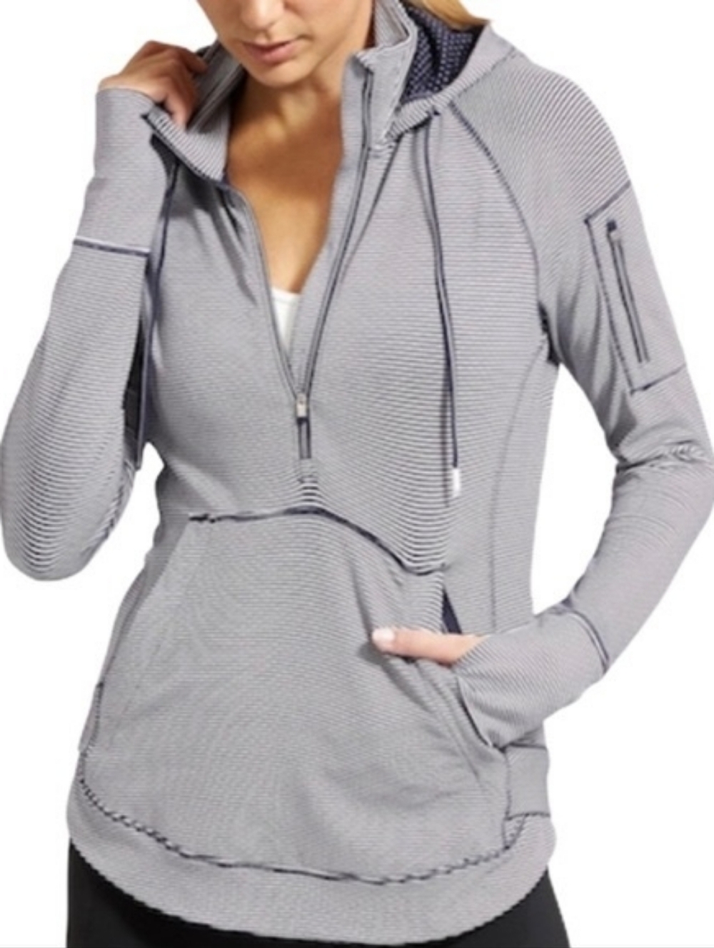 Athleta Womens  Heavenly Heights Striped Hoodie Navy Long Sleeve 1/2 Zip
